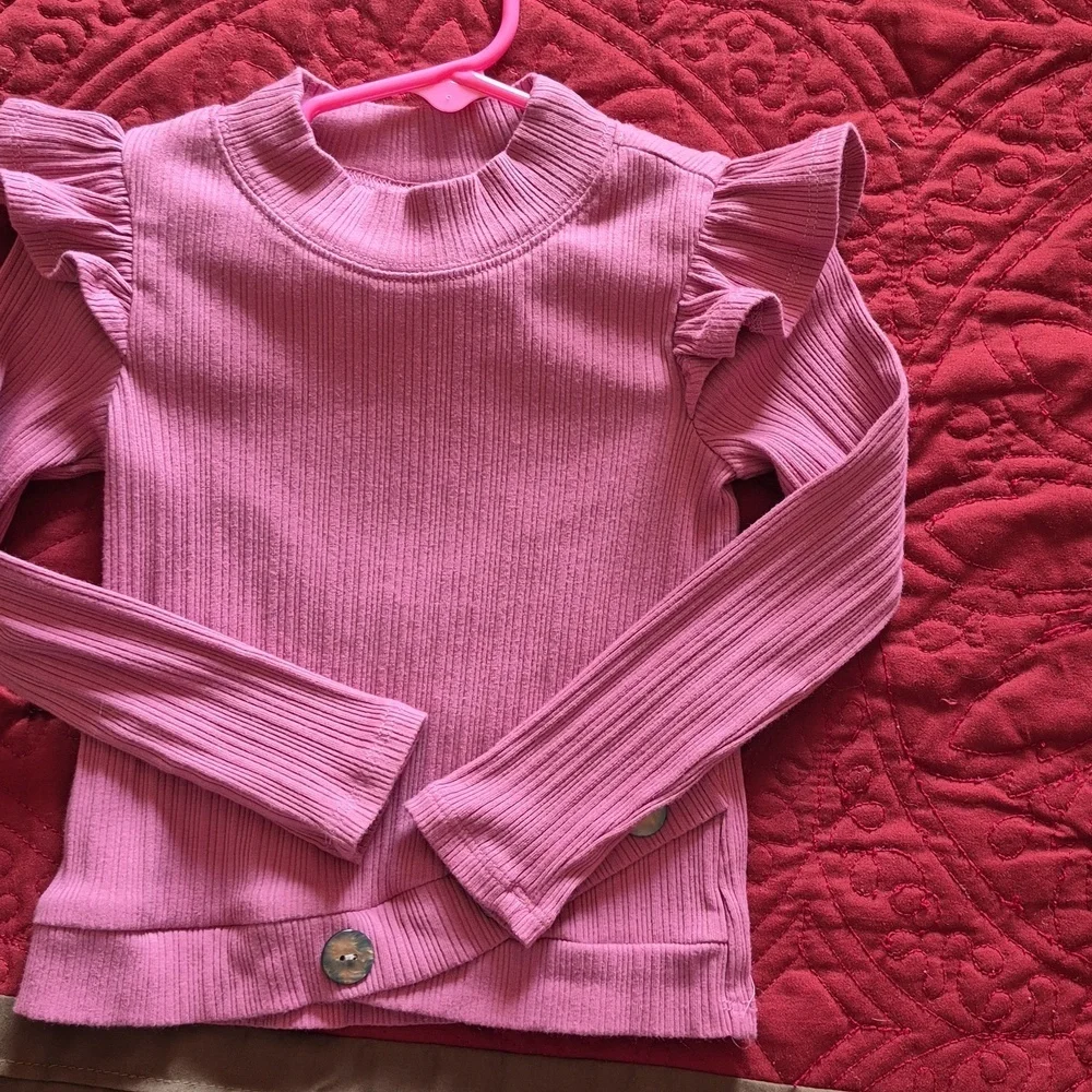Bonnie Jean Pink Ribbed Top with Faux Leopard Fur Trim & Leopard Print Pants